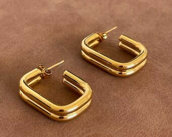 Rectangular open hoop earrings • elongated hoops • gold stainless steel