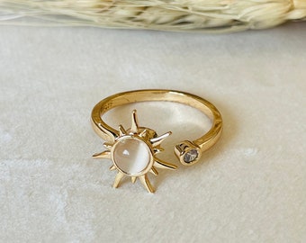 Fidget-Ring • Anti-Stress-Ring • Wellness-Sorgen-Ring • rotierender Solar-Opal-Sonnenring • Spinner-Ring • rotierender Mondstein-Ring