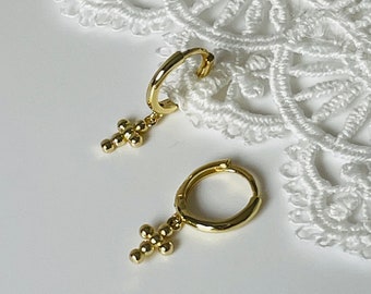 Small cross hoop earrings in silver • sterling925 gold plated • women's gift