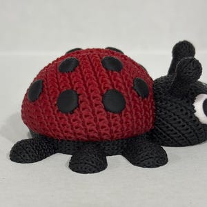 May include: A red and black ladybug toy with a knitted texture. The ladybug has black spots and white eyes.