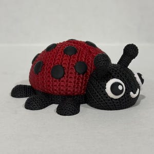May include: A red and black ladybug toy with a knitted texture and large white eyes. The ladybug has a 3D printed design.