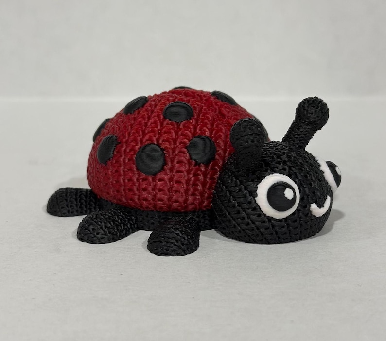 May include: A red and black ladybug toy with a knitted texture and large white eyes. The ladybug has a 3D printed design.