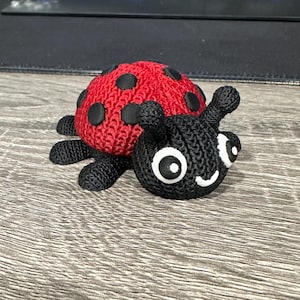 May include: A black and red ladybug toy with a knitted texture and large white eyes. The ladybug has black spots on its red shell.