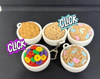 Cereal Clicker Toy Keychain 3D Printed, Cheerios, Fruit Loops, Reese’s Puffs, Lucky Charms, Coco Puffs, stress relief, fidget toy
