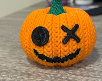 Pumpkin Jack-O-Lantern Figurine, 3D Printed Knitted Texture Spooky Fall Decor
