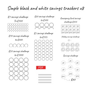 Instant downloadable savings trackers - 8 savings trackers - Budget binder challenges to kick start your savings - Holiday savings