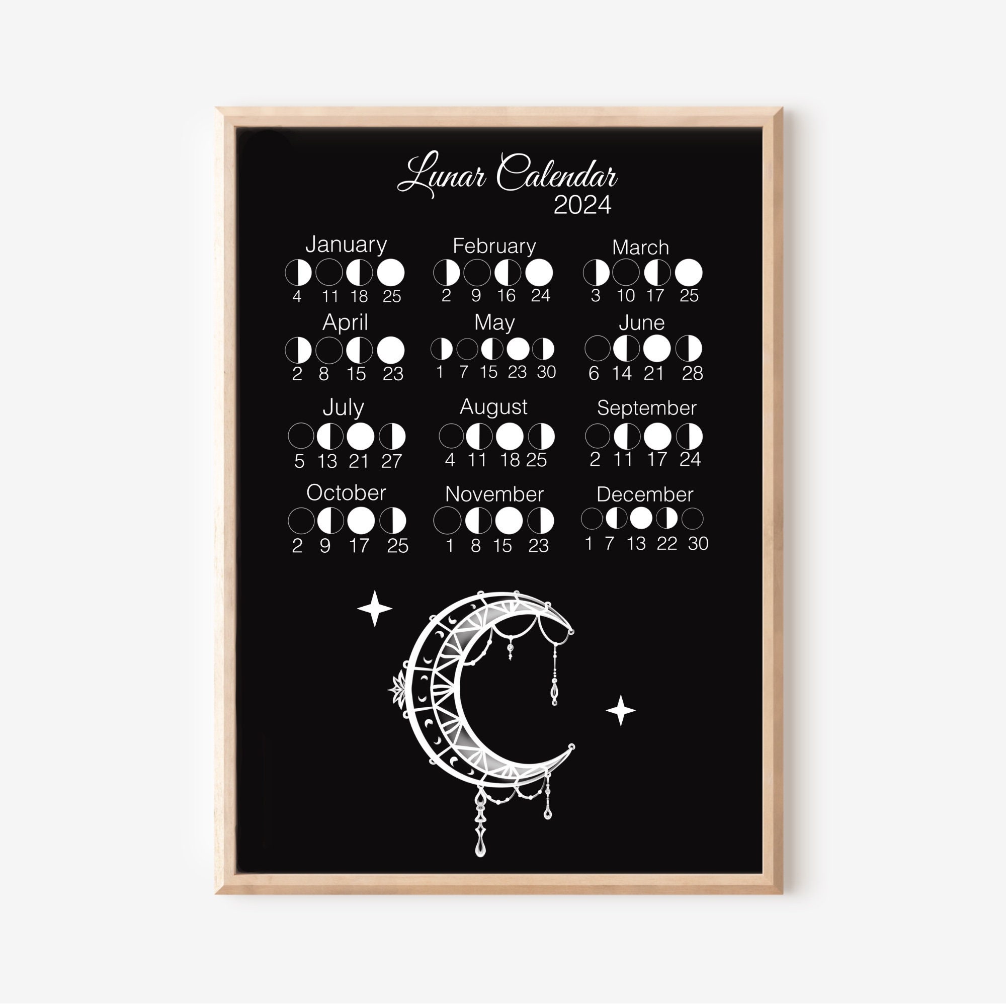2024 Moon Phases Calendar Instant Download Moon Cycle Etsy
