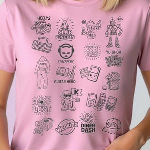 2000s Nostalgia Doodle T-Shirt | Y2K Pop Culture Icons & Retro Cartoon Style | Vintage 2000s Throwback Collage Tee for Millennials