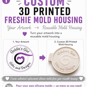 May include: A custom 3D printed freshie mold housing with text that reads: CUSTOM 3D PRINTED FRESHIE MOLD HOUSING, Your Artwork, Reusable Mold Housing, Turn your artwork into a reusable mold housing, 1. Your Artwork, Goldie's Girl Gifts and Designs, 2. Custom 3D Printed Mold Housing, Create unlimited replacement silicone molds from your reusable housing!, Pour your own silicone molds — as many as you need! Reuse your housing for future silicone pours.