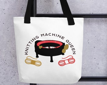 Knitting Machine Queen: Double-Sided Printed Canvas Bag with Addi Circular Knitting Machine Design