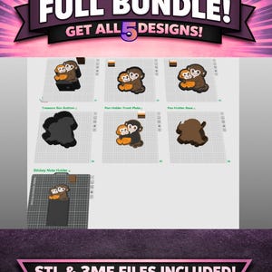 May include: An image promoting a full bundle of 3D designs. The banner text reads "SAVE WITH FULL BUNDLE! GET ALL 5 DESIGNS!" and "STL & 3MF FILES INCLUDED!". The designs include a treasure box bottom, pen holder front plate, pen holder base, and sticky note holder.