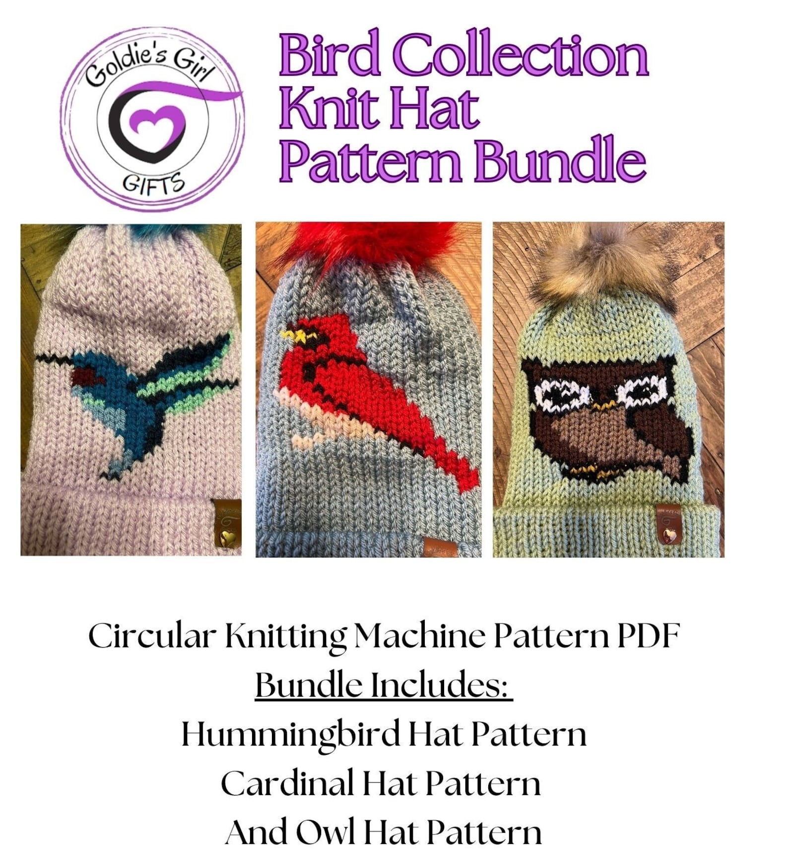 Bird Hat Knitting Machine Patterns: Cardinal, Owl, Hummingbird (PDF ...