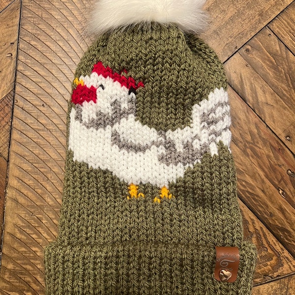 Cluck Couture: Double Knit Beanie with Adorable Chicken Design and Faux Fur Pom Pom - Cozy and Quirky Hat