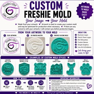 May include: An informational graphic for custom silicone molds featuring the text CUSTOM FRESHIE MOLD. It displays a three-step process from artwork to 3D printed master and finished mold, alongside examples of various shapes and instructional text.