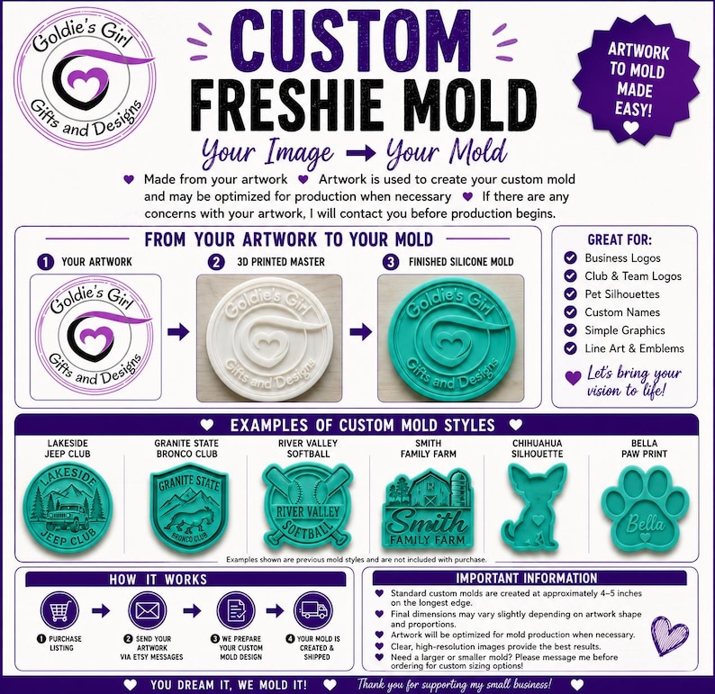May include: An informational graphic for custom silicone molds featuring the text CUSTOM FRESHIE MOLD. It displays a three-step process from artwork to 3D printed master and finished mold, alongside examples of various shapes and instructional text.