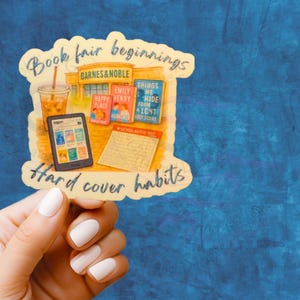 Book Fair Sticker – Romance Book Stack, Iced Coffee, Nostalgic Bookstore & E-Reader – Glossy Waterproof Vinyl for Book Lovers, Book Stickers