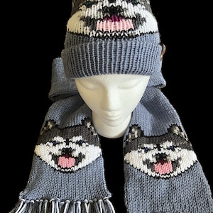 Chic Knit Husky Ensemble: Handcrafted Husky Motif Hat and Scarf Set