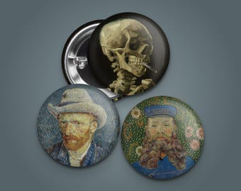 Van Gogh Faces 1.25" Pinback Buttons 3-Pack • Smoking Skull, Postman, Self-Portrait • Art Badge Flair