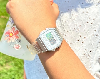 Holographic Digital Watch Star Field - Clear Transparent Jelly Watch - CASIO F-91W Glitter Holo Mod