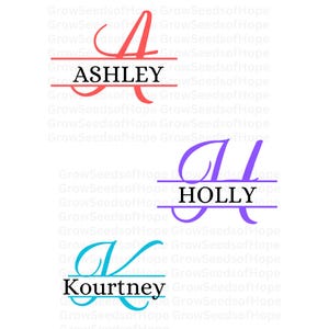 May include: Three split monogram designs with the names Ashley, Holly, and Kourtney. The letters are in a cursive font and are split by a horizontal line. The letters are in pink, purple, and blue.