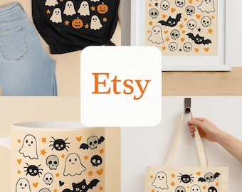 Patrón sin costuras de fantasma espeluznante y emoticono de camuflaje: Halloween PNG SVG (descarga digital)