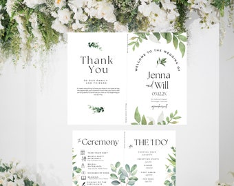 Plantilla de programa de boda de eucalipto, ceremonia con vegetación plegada (imprimible)