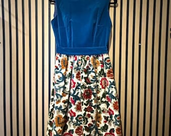 60s/70s blue velvet sleeveless dress with crewel embroidered print
