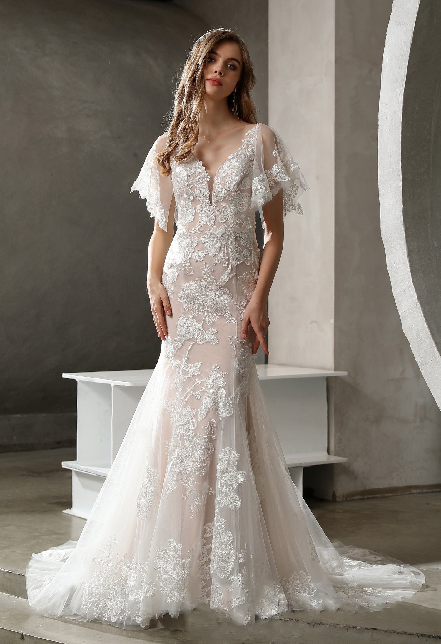Flutter Sleeve Wedding Dress Etsy Canada