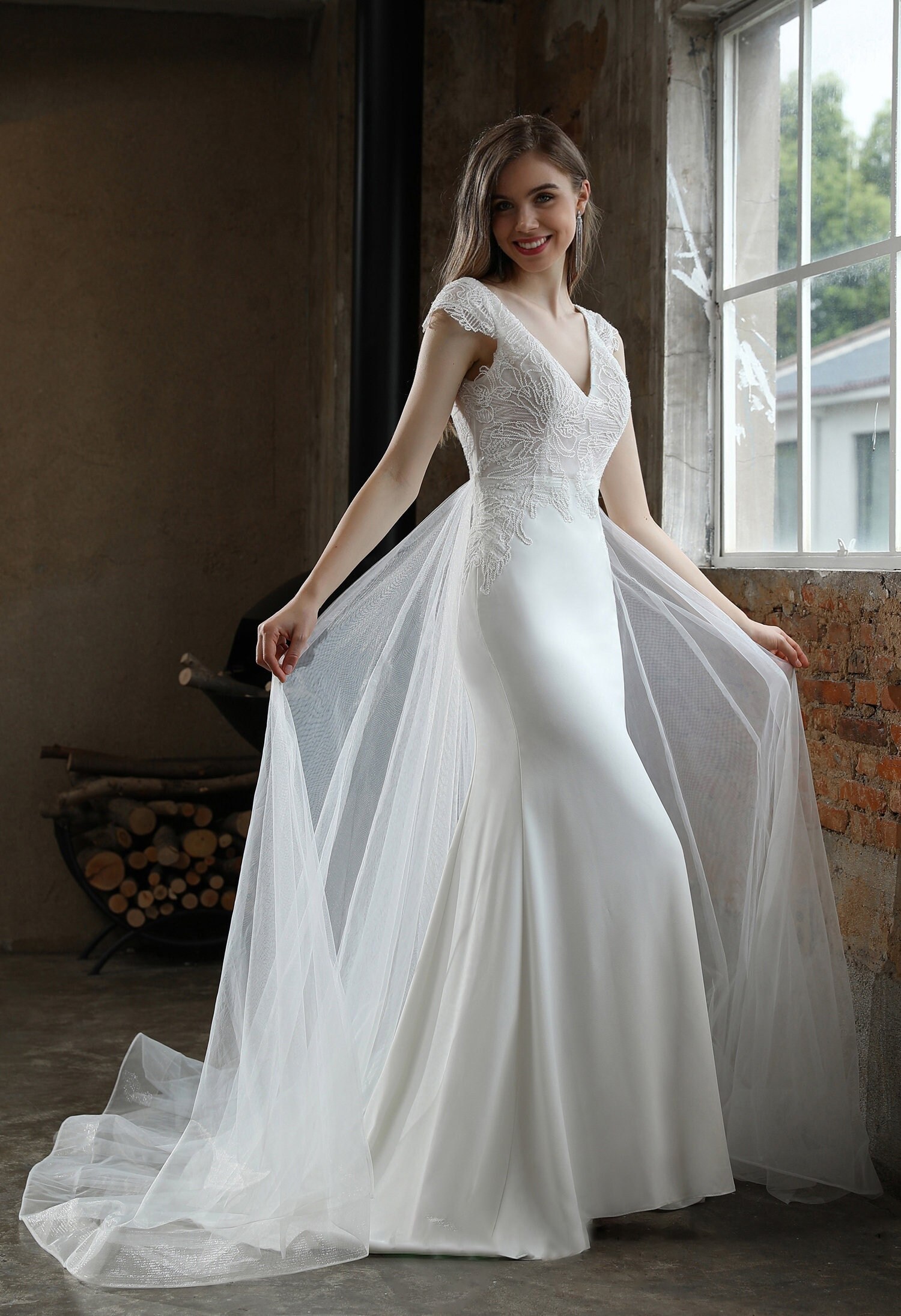 Crepe Sheath Wedding Dress With Lace Cap Sleeves and Etsy UK