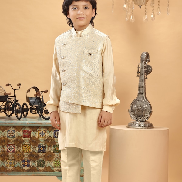 Kids Boys Ethnic Cream Sliver Embroidered Bandi Kurta Set For Kids Wedding Party Wear Jacket Traditional Wear Kurta Trouser Kids Sherwani