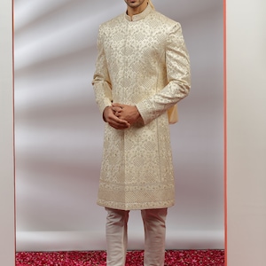 Rich Cream Silk Sherwani Set for Wedding Royal look for Men & Boys Achkan Designer Marriage wedding