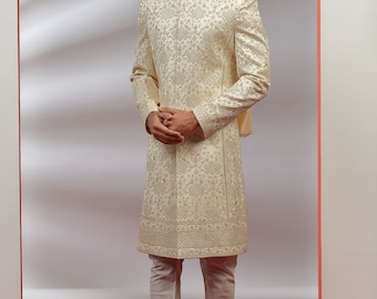 Rich Cream Silk Sherwani Set for Wedding Royal look for Men & Boys Achkan Designer Marriage wedding