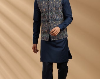 Navy Blue color Suiting fabric Mens kurta set with waistcoat, Nehru Jacket, Modi Jacket, Designer Half Jodhpuri Jacket with Kurta Pajama