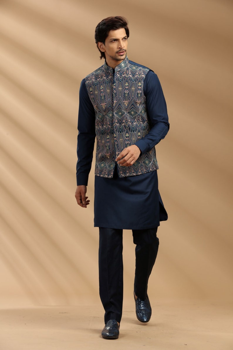 Navy Blue colour Brocade Waist Coat with Kurta Pajama-1