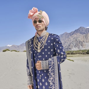 Navy Blue Embellished  Sherwani Set for Wedding Royal look for Men & Boys Achkan Designer Marriage wedding