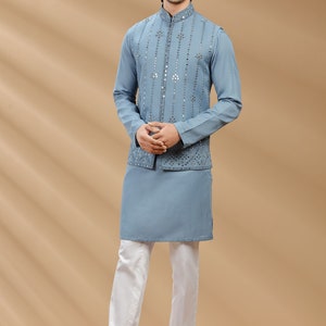 Denim Blue color suiting fabric Mens kurta set with waistcoat, Nehru Jacket, Modi Jacket, Designer Half Jodhpuri Jacket with Kurta Pajama