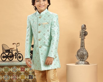 Boys' Sea Green Embroidered Sherwani Set: Kids' Wedding Party Wear