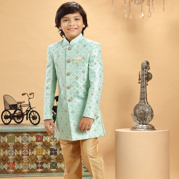 Kids Boys Ethnic Sea Green Gold Embroidered Sherwani Set For Kids Wedding Party Wear Sherwani Traditional Wear Kurta Trouser Kids Sherwani