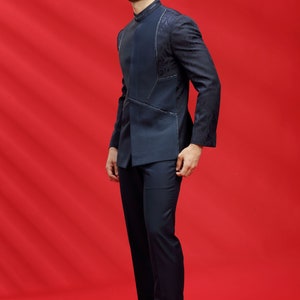 Navy color Jacquard Suiting fabric Jodhpuri for Mens, Nehru Jacket, Modi Jacket, Designer Jodhpuri Jacket