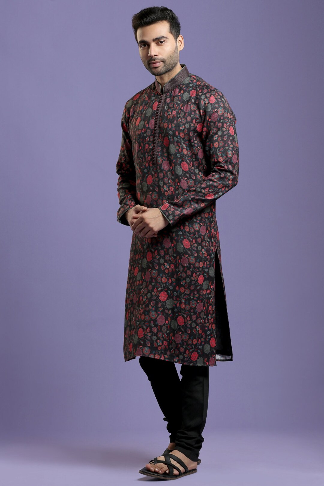 HK Fashion Raw Silk Mens - Black Emboidered Kurta Trouser