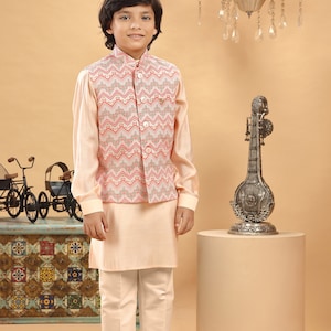 Kids Boys Ethnic Peach Multi Embroidered Bandi Kurta Set For Kids Wedding Party Wear Jacket Traditional Wear Kurta Trouser Kids Sherwani