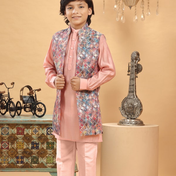 Kids Boys Ethnic Peach Multi Embroidered Bandi Kurta Set For Kids Wedding Party Wear Jacket Traditional Wear Kurta Trouser Kids Sherwani