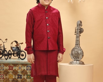 Kids Boys Ethnic Red Embroidered Bandi Kurta Set For Kids Wedding Party Wear Jacket Traditional Wear Kurta Trouser Kids Sherwani