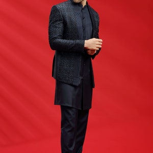 Navy color Jacquard Suiting fabric Jodhpuri for Mens, Nehru Jacket, Modi Jacket, Designer Jodhpuri Jacket