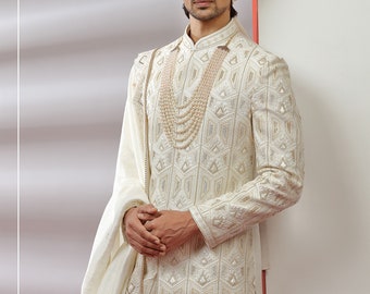 Traditional Frost Off White Embroidered Sherwani Set for Wedding Royal look for Men & Boys Achkan Designer Marriage wedding