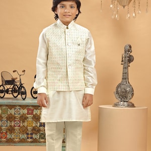 Kids Boys Ethnic Lemon Multi Embroidered Bandi Kurta Set For Kids Wedding Party Wear Jacket Traditional Wear Kurta Trouser Kids Sherwani