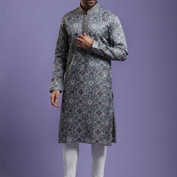 Grey Or Black kurta with bandhani print in floral motifs & front potli placket Kurta Set for Men and brother Ethnic wear for marriage