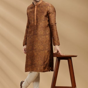 Bronze Yellow Chanderi Silk Kurta Set for Men and brother Ethnic wear for marriage