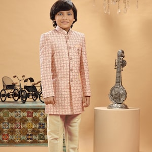 Kids Boys Ethnic Peach Gold Embroidered Sherwani Set For Kids Wedding Party Wear Sherwani Traditional Wear Kurta Trouser Kids Sherwani