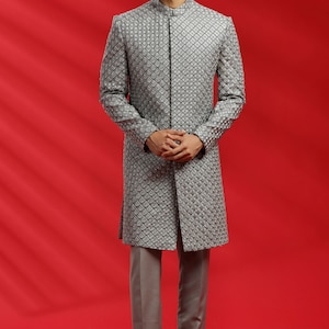 Glazing Grey Embellished Embroidered Indo Western Sherwani Set For Groom Wedding Royal look and For Best man
